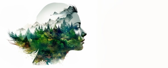 a woman's silhouette features a background of trees and mountains,  Double exposure portrait, People and nature concept.banner, wallpaper, copy space for text © XC Stock