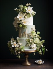 Wedding cake with white flowers and green leaves on a dark background. Wedding cake decorated with white roses and eucalyptus. white tiered wedding cake decorated with eucalyptus leaves, powdery-pink
