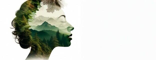 a woman's silhouette features a background of trees and mountains,  Double exposure portrait, People and nature concept.banner, wallpaper, copy space for text © XC Stock