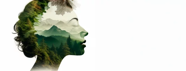 a woman's silhouette features a background of trees and mountains,  Double exposure portrait, People and nature concept.banner, wallpaper, copy space for text © XC Stock
