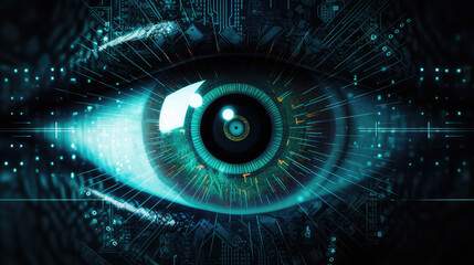 Closeup of human eye, overlay data points, retinal authentication, cyber security, creative concept of data privacy. 3d illustration style wallpaper. 