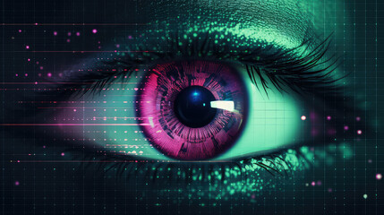 Closeup of human eye, overlay data points, retinal authentication, cyber security, creative concept of data privacy. 3d illustration style wallpaper. 