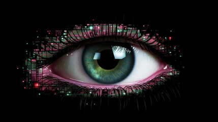 Closeup of human eye, overlay data points, retinal authentication, cyber security, creative concept of data privacy. 3d illustration style wallpaper. 