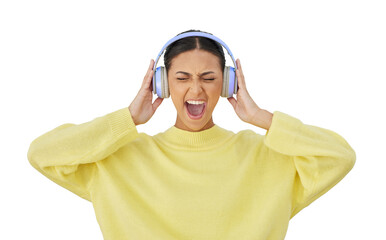 Woman, screaming and headphones or singing, fun and streaming radio or audio, sound and playlist....