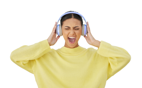 Woman, screaming and headphones or singing, fun and streaming radio or audio, sound and playlist. Female person, isolated and listening to music, song and podcast on transparent png background