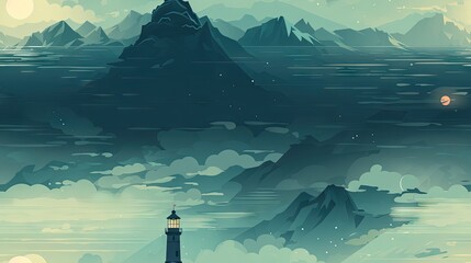  a painting of a lighthouse in the middle of a body of water with a mountain in the background and a full moon in the sky.  generative ai