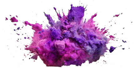 pink and purple explosion of colored flour isolated against transparent background