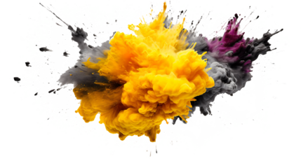 yellow explosion of colored flour isolated against transparent background