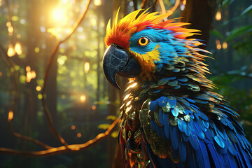 Colorful red blue and yellow ara parrot in the middle of the rainforest.