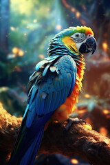 Obraz premium Vibrant colorful parrot in the wild rainforest, 4k wallpaper. Generative AI.