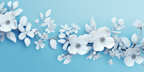 White flowers on blue background with copy space. Floral background. Flowers composition. White flowers on blue background. Flat lay, top view, copy space