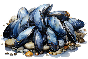 mussel in shell isolated against transparent background in watercolor painting style - obrazy, fototapety, plakaty