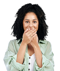 Wow, secret and hands on face of woman isolated on a transparent png background with news, deal or...