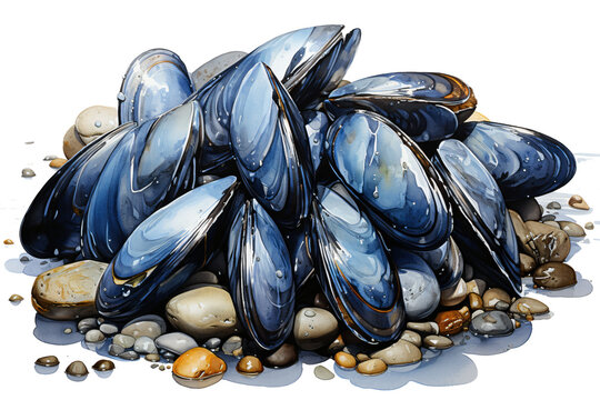 mussel in shell isolated against transparent background in watercolor painting style