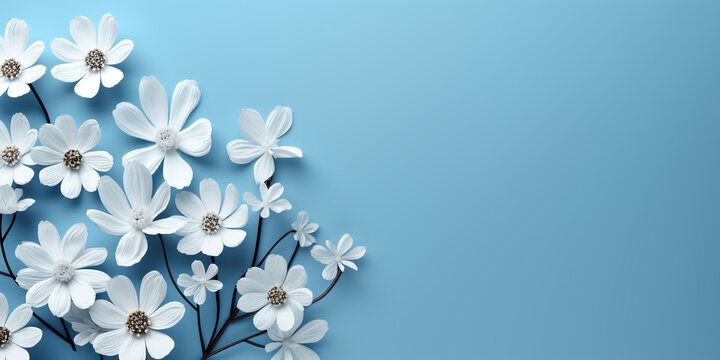 White flowers on blue background with copy space. Floral background. Flowers composition. White flowers on blue background. Flat lay, top view, copy space
