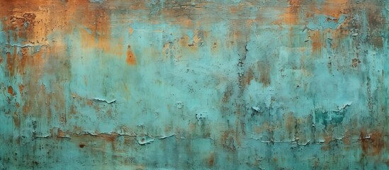 An abstract background with a grunge blue green color featuring a texture resembling painted rusted metal and an iron fence The background also showcases elements of oxidized copper patina  - obrazy, fototapety, plakaty