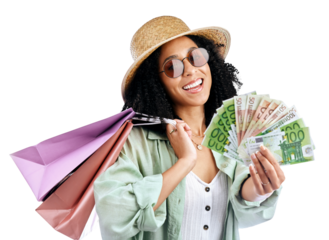 Shopping bag, cash and portrait of woman in isolated on transparent png background with happy cashback, bonus or deal. Money, payment and girl excited for retail, store or offer, sale or giveaway.