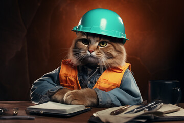 Smart engineer construction worker cat at his workplace. Generative AI - obrazy, fototapety, plakaty