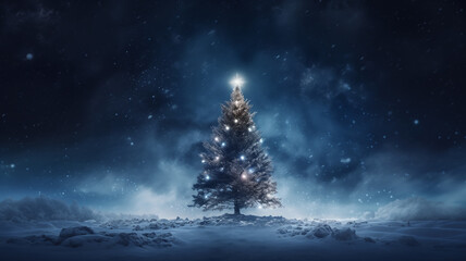 Christmas tree on the magical night sky. Fantasy image