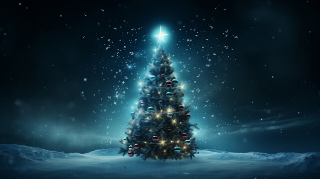 Christmas tree on the magical night sky. Fantasy image