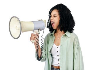 Woman, loudspeaker and angry protest with announcement, activist and freedom isolated on transparent background. Person, protester and girl with a speech, justice and equality with a megaphone or png