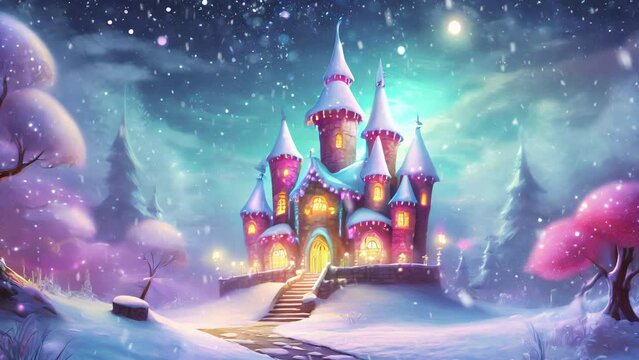 Beautiful Christmas Castle And Falling Snow At Night