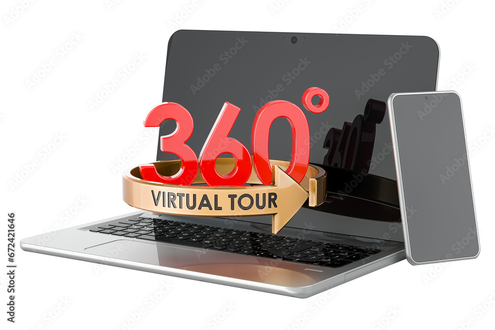 Poster virtual tour, 360 degrees concept. 3d rendering isolated on transparent background