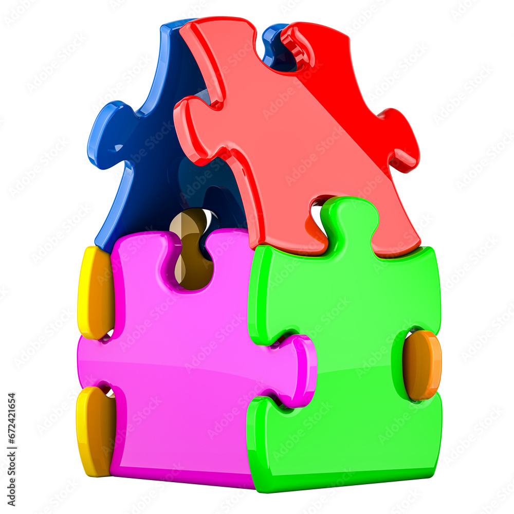 Poster house from colored puzzles, 3d rendering isolated on transparent background