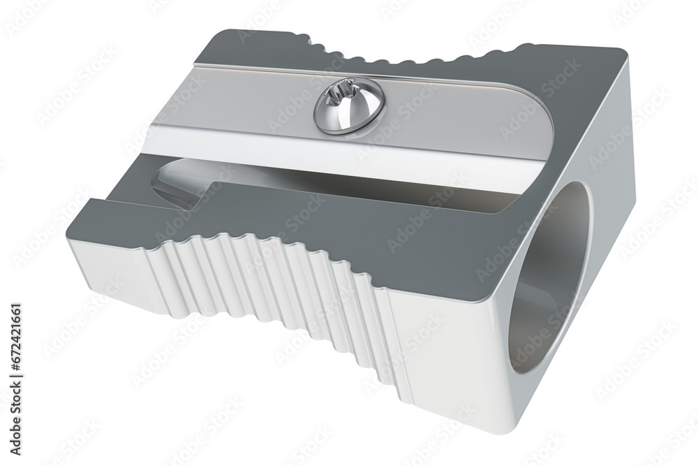 Poster metallic pencil sharpener, 3d rendering isolated on transparent background