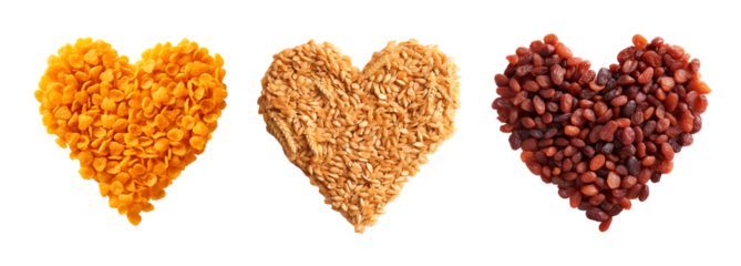 Cornflakes, oats and raisins heart shapes on isolated transparent background