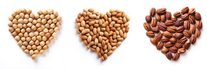 Macadamia nuts, peanuts and pecan nuts over white background