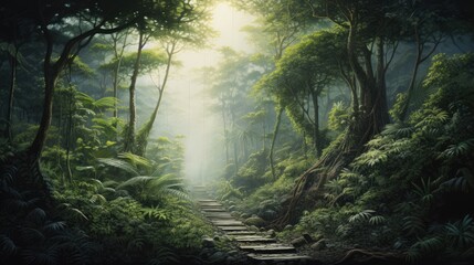  a painting of a path in the middle of a forest with lots of trees and plants on either side of it.  generative ai
