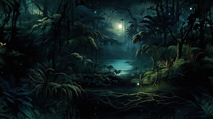  a painting of a dark forest with a river in the middle of it and a light shining in the distance.  generative ai