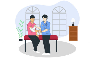 Doctor bandaging hand of patient at home. Healthcare worker vector illustration.
