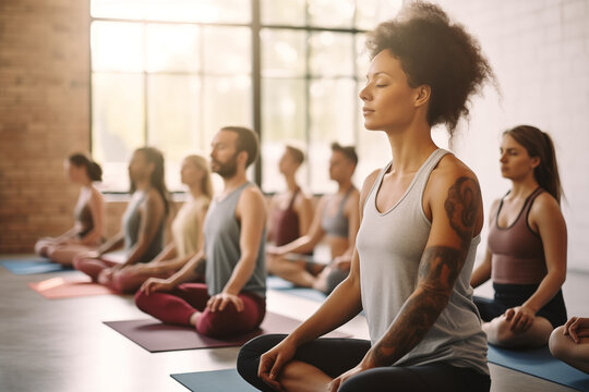 breath exercise and group mediatation in yoga studio, mindfulness, men and women meditating and breathing with closed eyes