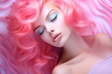 Naklejka premium Portrait of a beautiful girl with pink hair. Perfect make-up. young woman with pink hair. Beauty, fashion. girl with pink lips. 