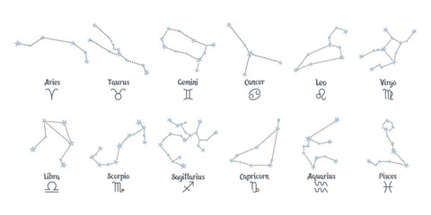 Set of zodiac constellations signs in doodle style with blue stars. Pastel colors. Icons, templates, vector