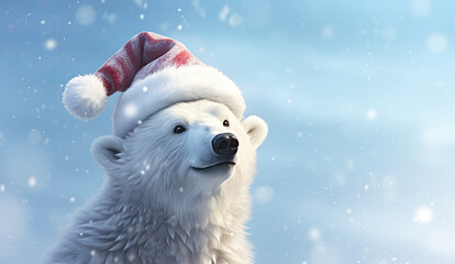 dibujo de un retrato de oso blanco con gorro de papá noel sobre fondo nevado y  cielo azul  - obrazy, fototapety, plakaty