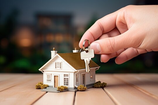 hand with keys and keychain with house on city background. place for text. mortgage. new house