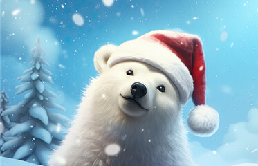Fototapeta premium retrato de oso blanco con gorro de papá noel sobre fondo de bosque nevado y cielo azul