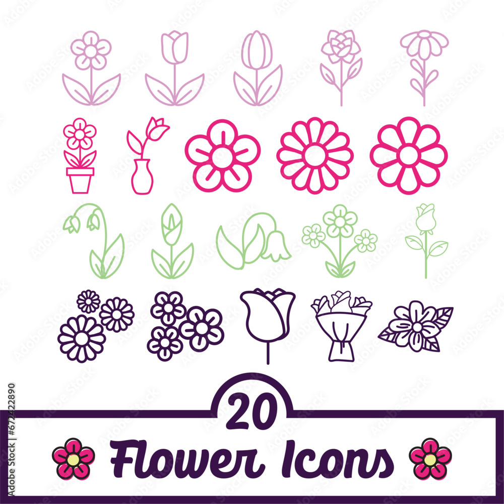 Poster Set of outline flower icons Vector