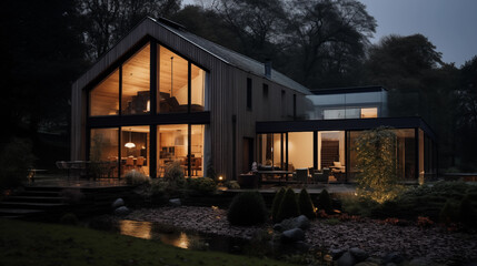 a modern minimalist dark cedar clad house at dusk