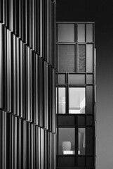 Grayscale of a structure featuring a series of windows with a backdrop of a building