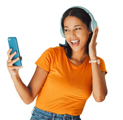 Selfie, headphones and streaming podcast or music on phone or mobile app isolated on transparent png background. Fun, sound and female enjoying and listening to radio or audio smiling and happy