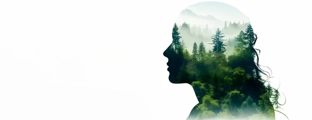 a woman's silhouette head features a background of trees and mountains, Double exposure portrait, People and nature concept.banner, wallpaper, copy space for text © XC Stock
