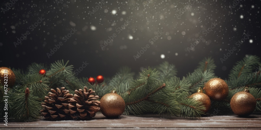 Poster a festive display of christmas decorations and pine cones arranged on a wooden table. perfect for ad