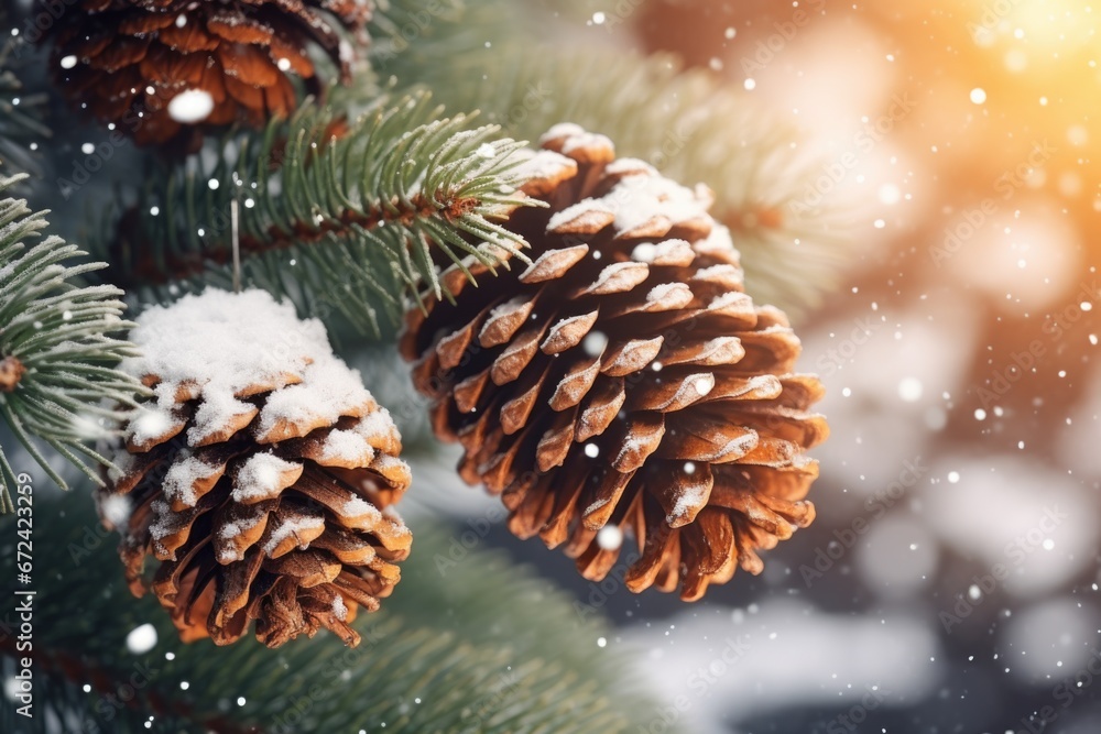 Poster a winter scene featuring a tree covered in snow with two pine cones hanging from its branches. this 