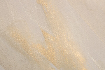 Beige, nacre, gold glitter ink watercolor smoke flow stain blot on wet paper grain texture background.