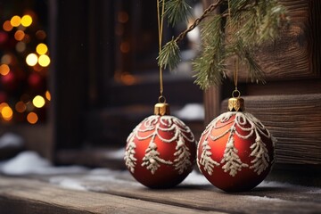 Two red Christmas ornaments hanging from a tree. Perfect for holiday decorations and festive designs.