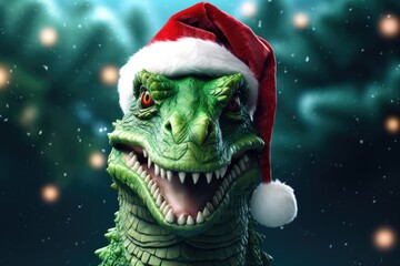 A close-up view of a dinosaur wearing a Santa hat. This festive image can be used for various...